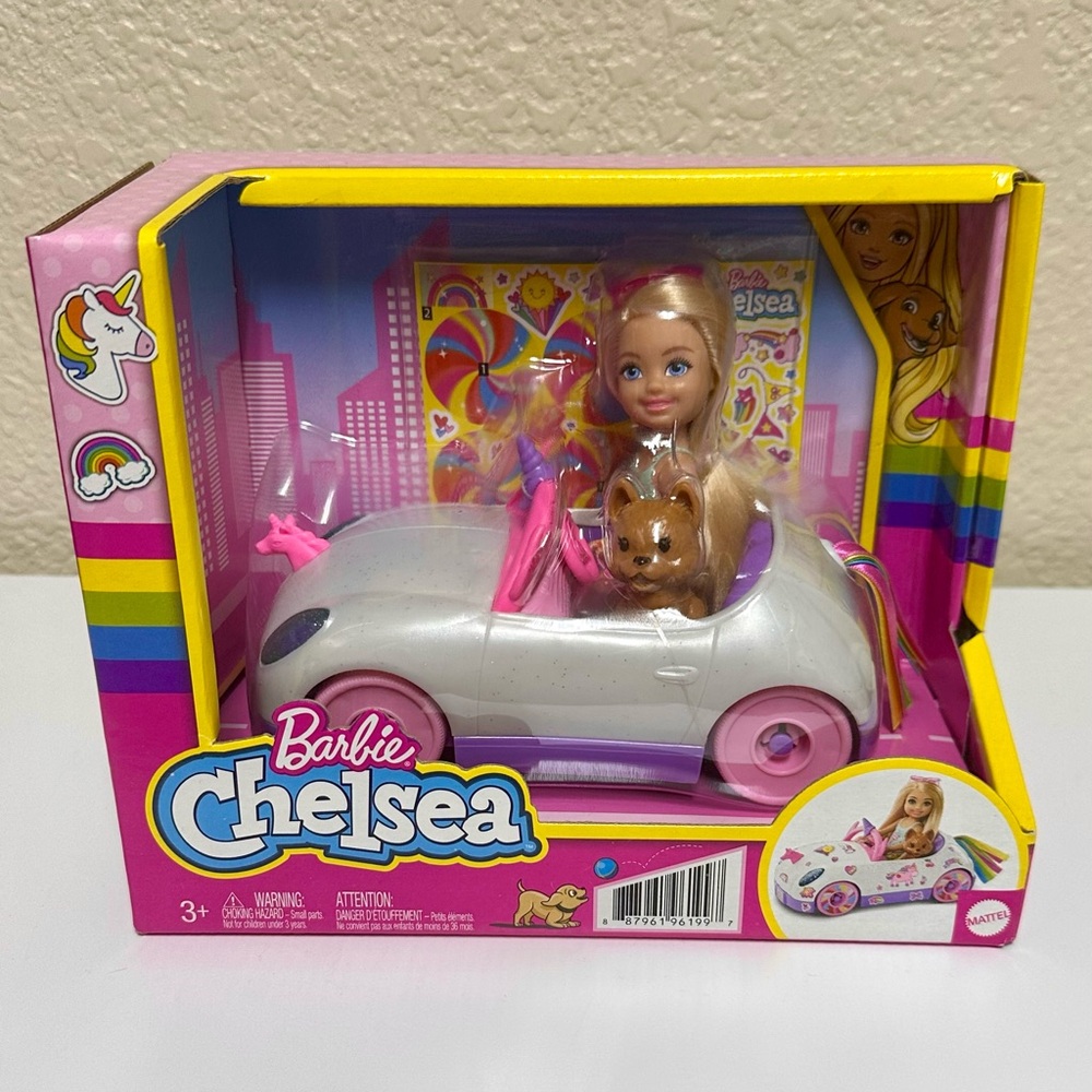 NEW Barbie Chelsea Doll & Unicorn Car with Stickers